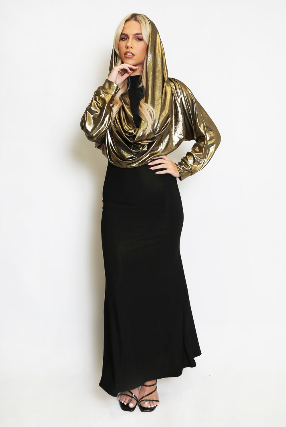 Gold Metallic Cowl Hooded Maxi Dress