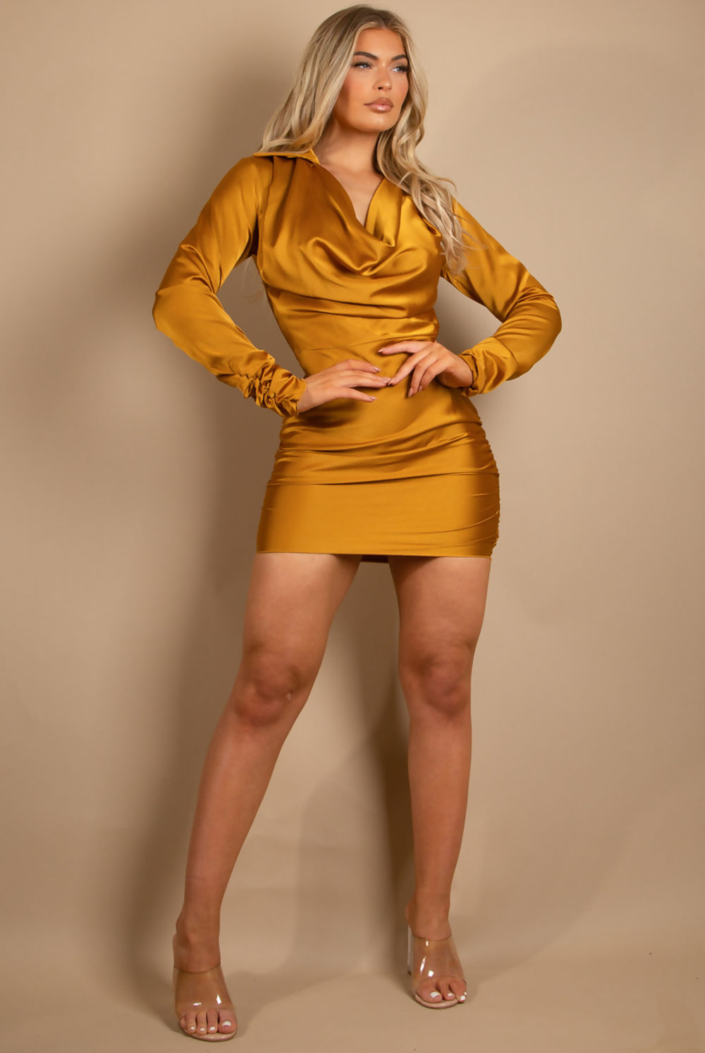 Mustard Satin Cowl Neck Ruched Mini Dress