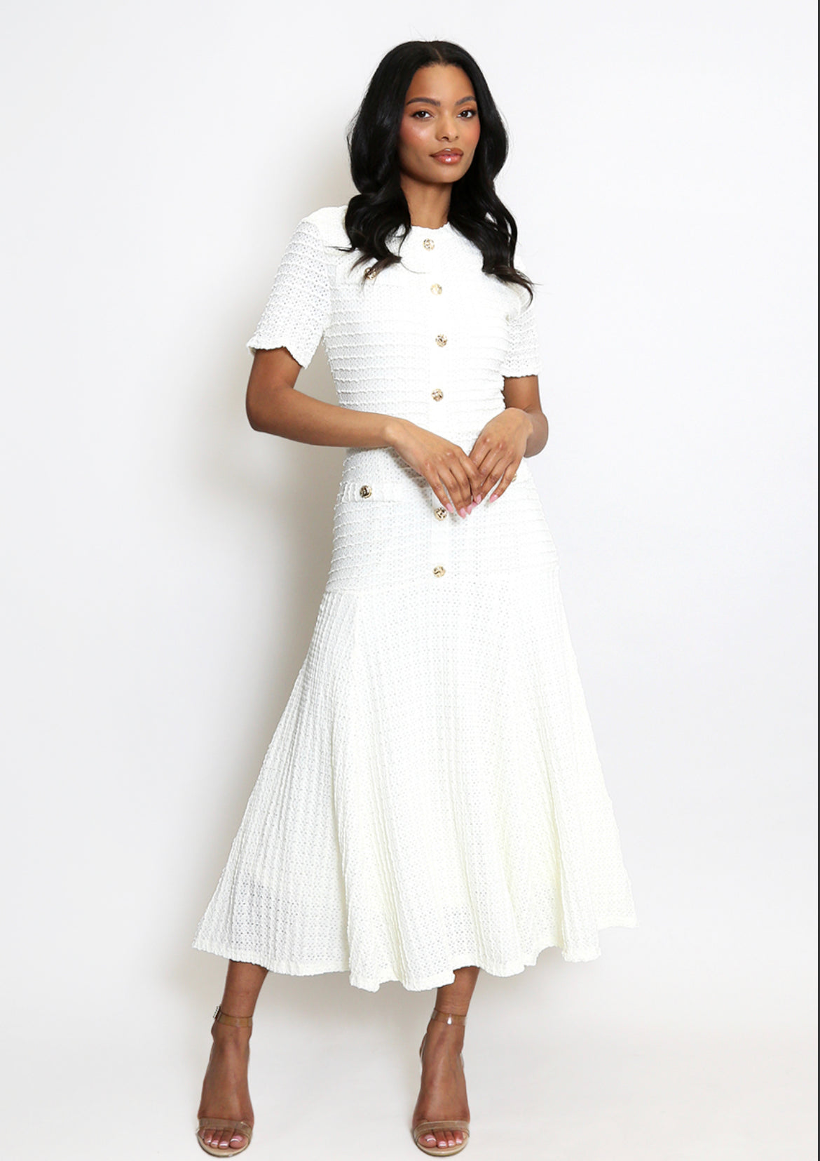 Classic Swing Midi Dress With Button Detail