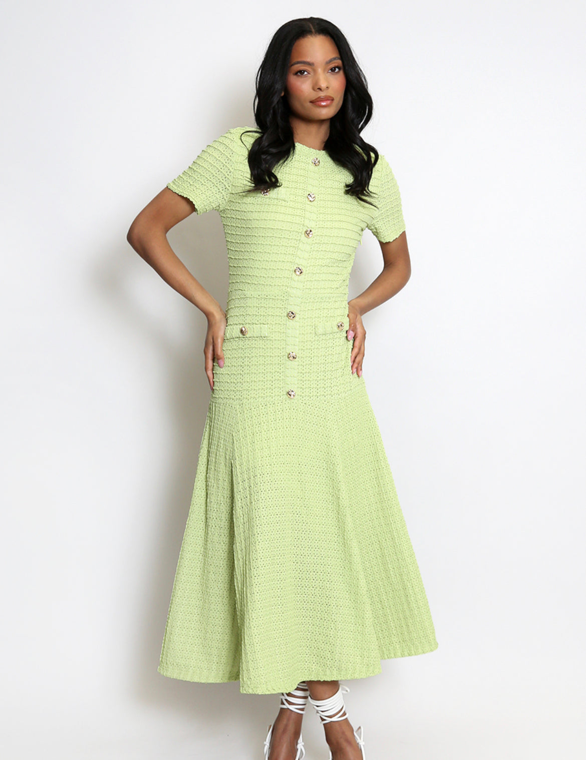 Classic Swing Midi Dress With Button Detail