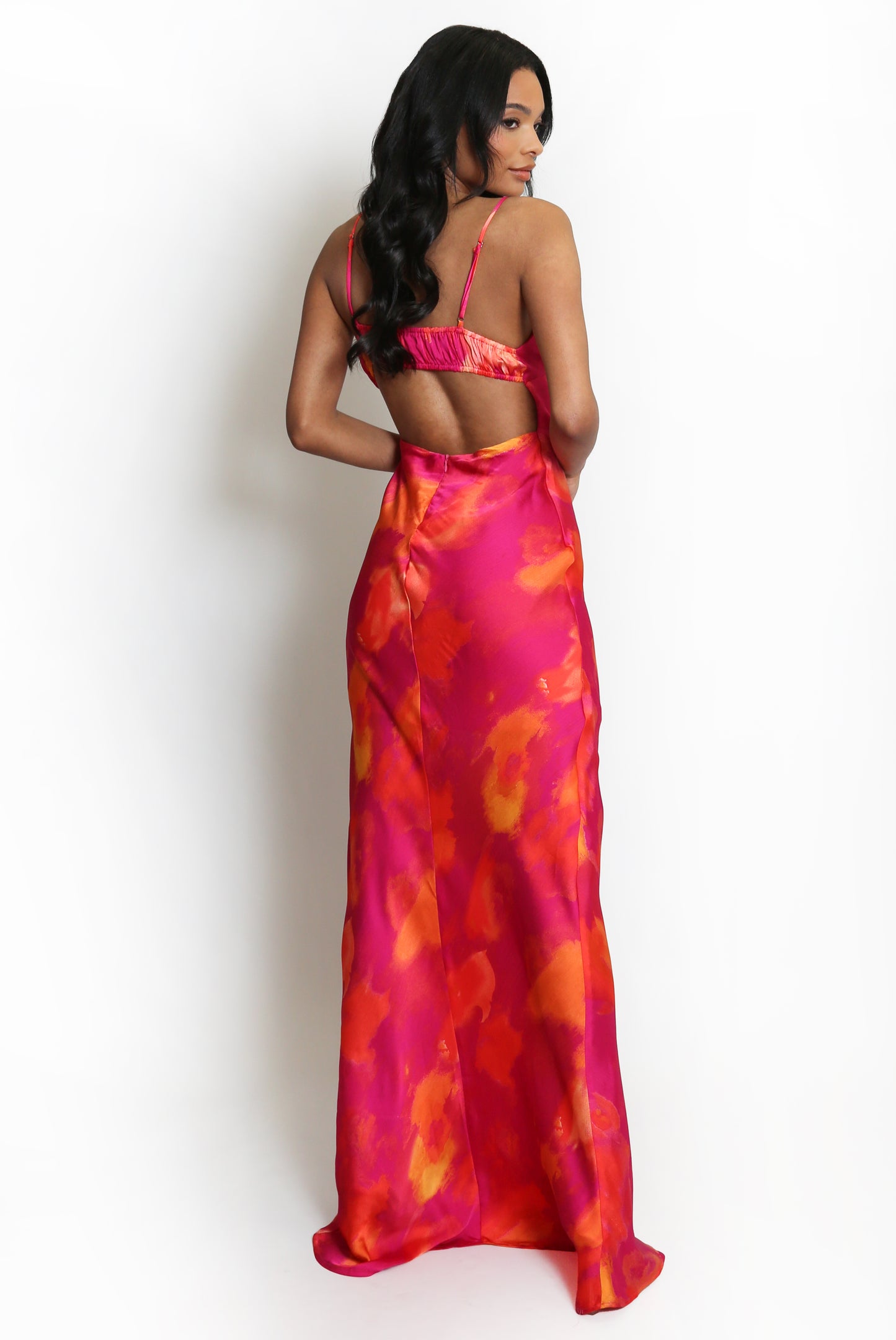 Watercolour Satin Cut Out Back Maxi Dress
