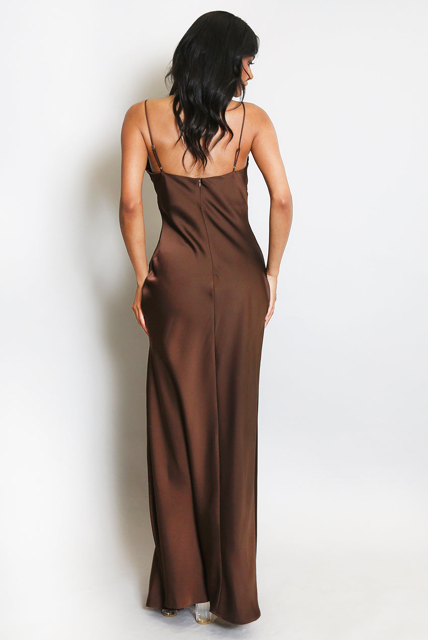 Satin Plunged Neck Maxi Dress