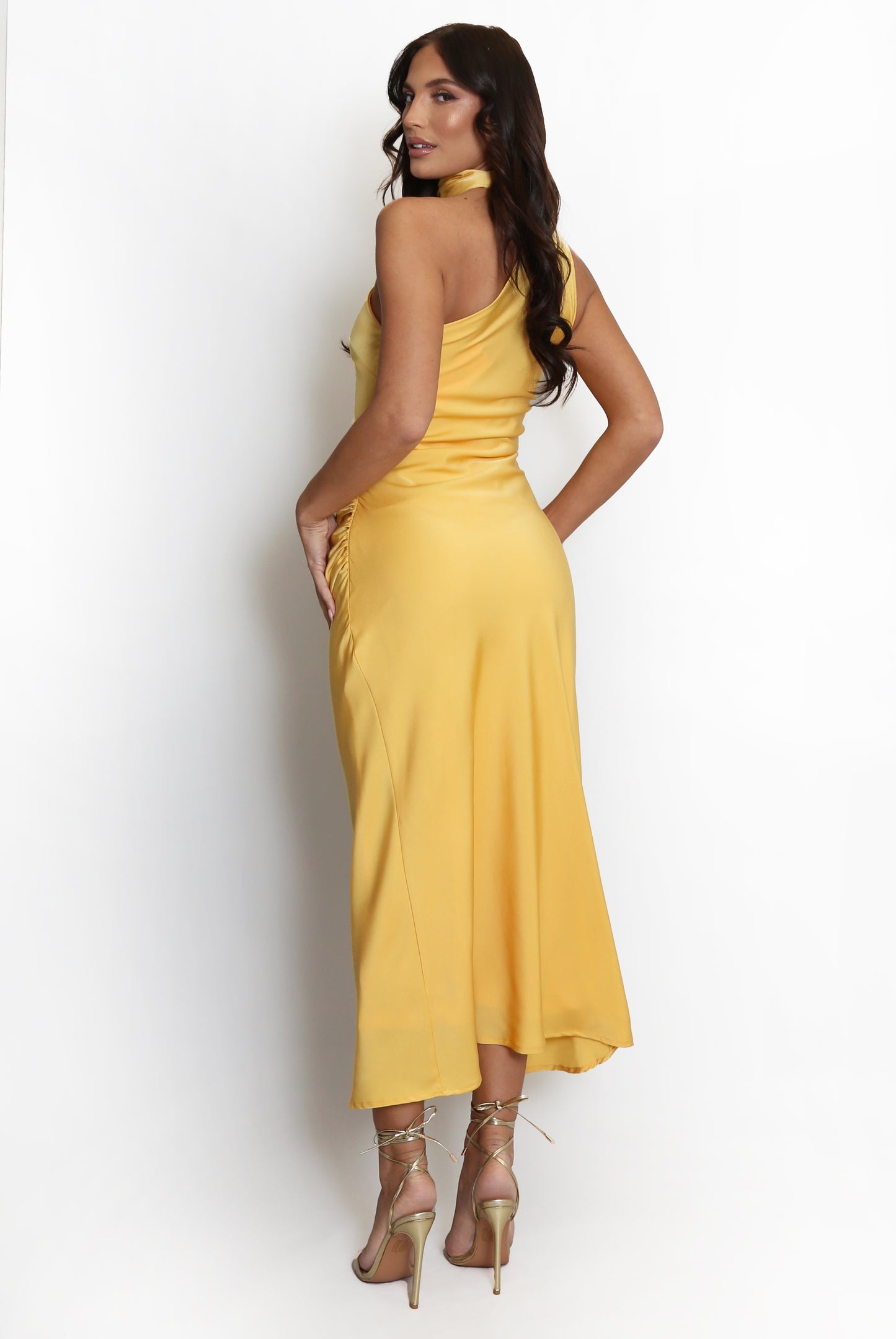 Ruched Satin Midi Dress With Neck Tie