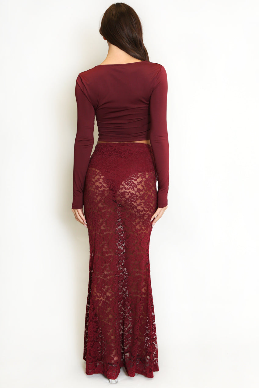 Sheer Floral Lace Maxi Skirt Burgundy