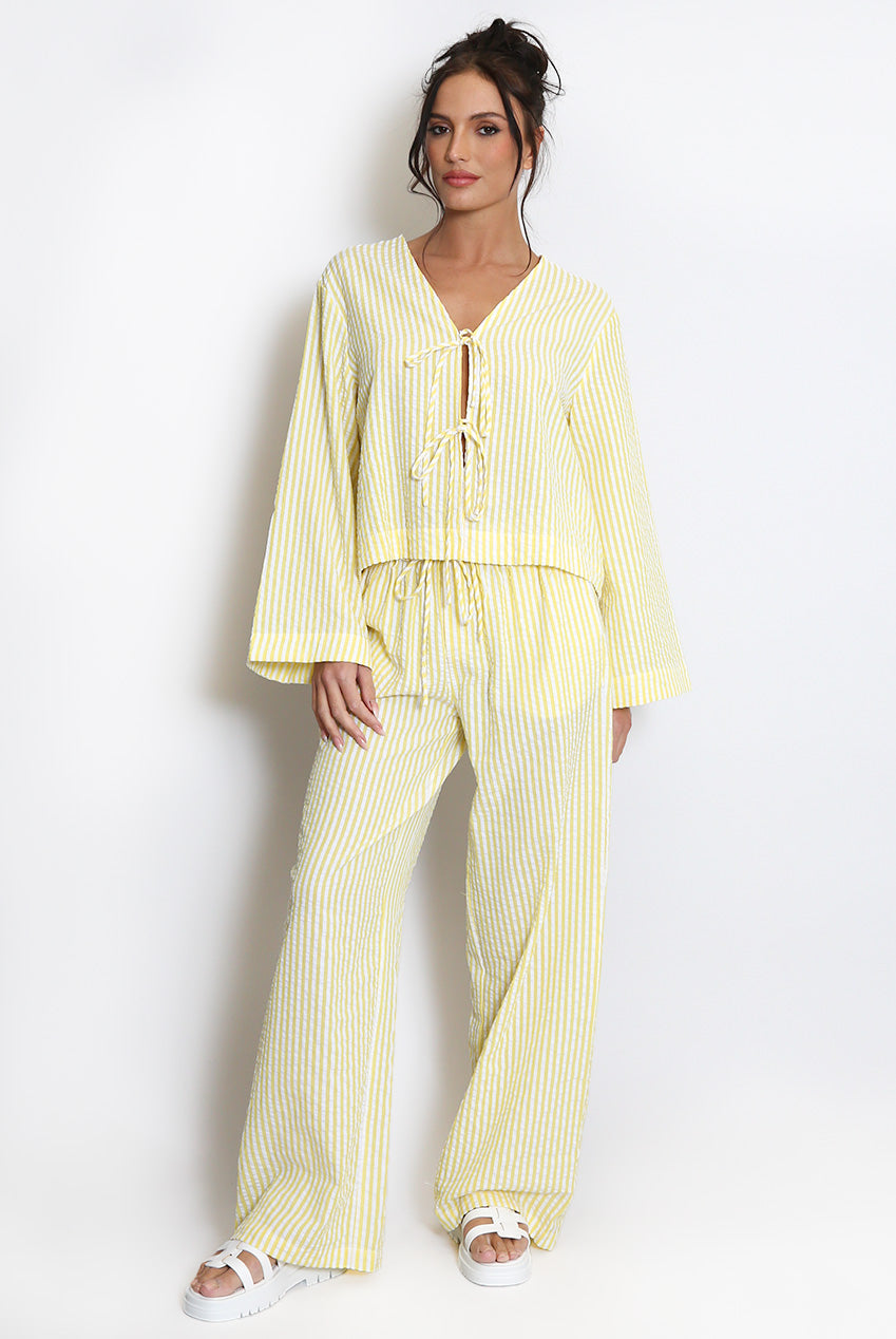 Tie Front Cheesecloth Striped Top And Trouser Set
