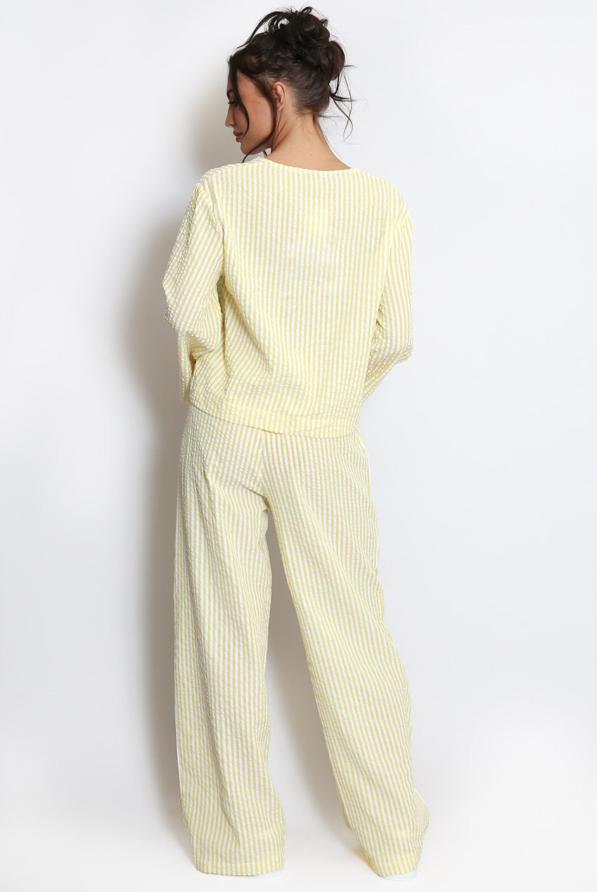 Tie Front Cheesecloth Striped Top And Trouser Set