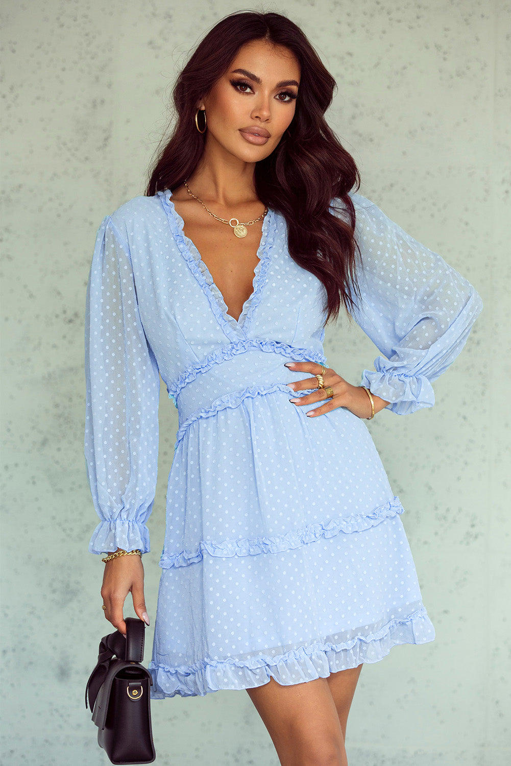Ruffled Open Back Puff Sleeve Dress