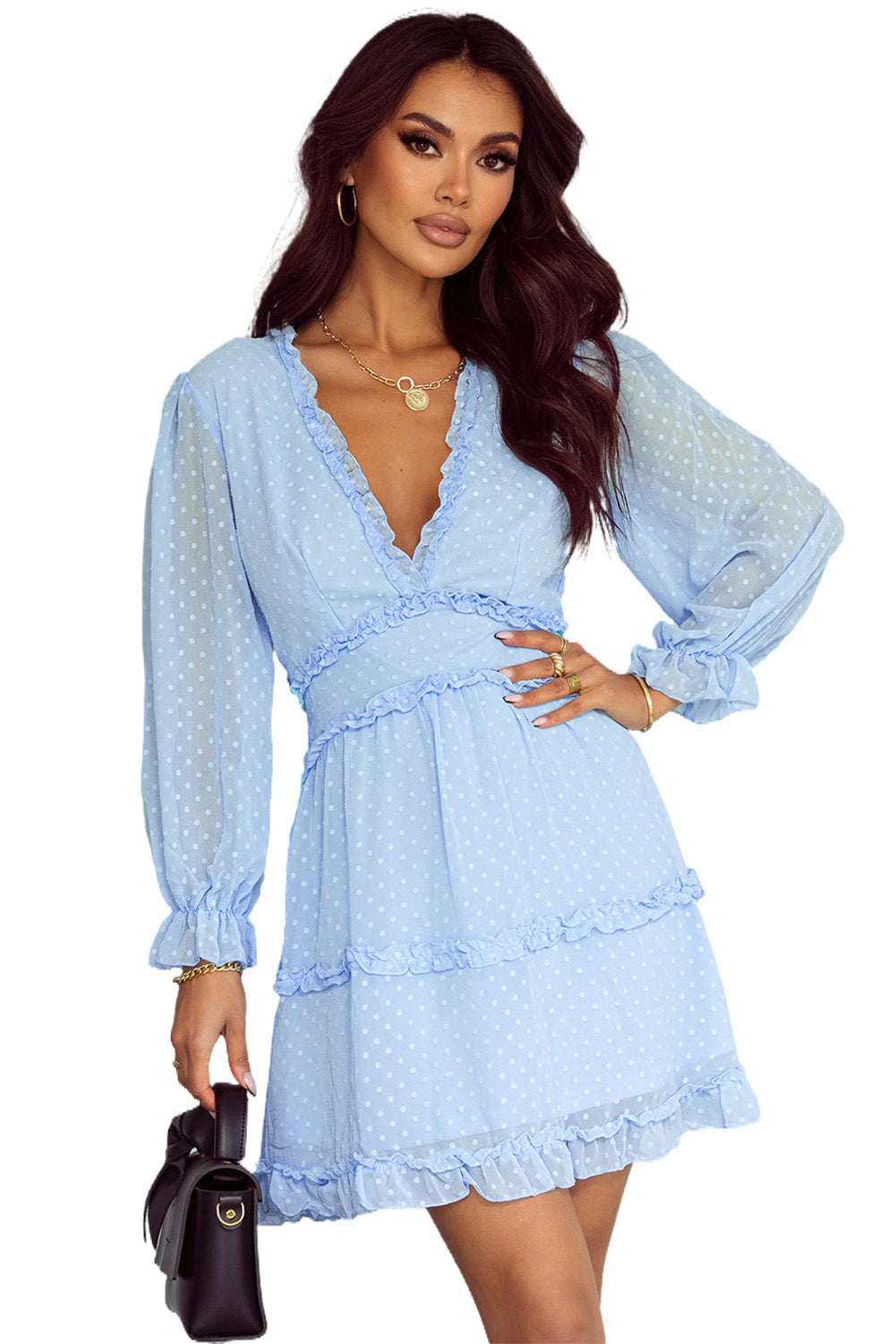 Ruffled Open Back Puff Sleeve Dress