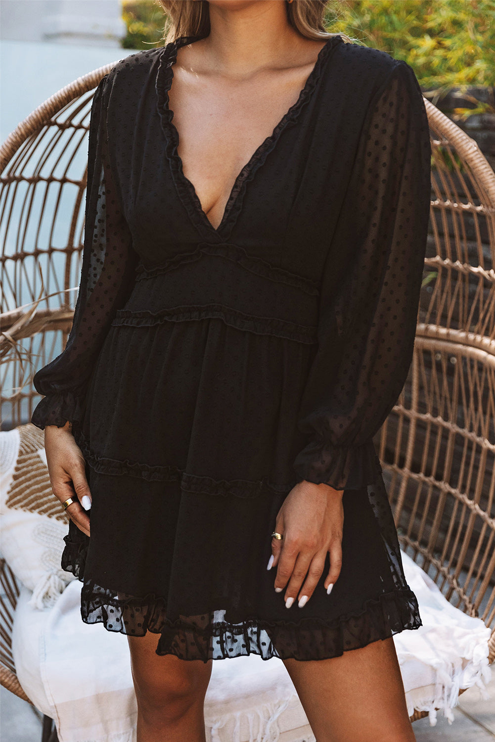 Ruffled Open Back Puff Sleeve Dress