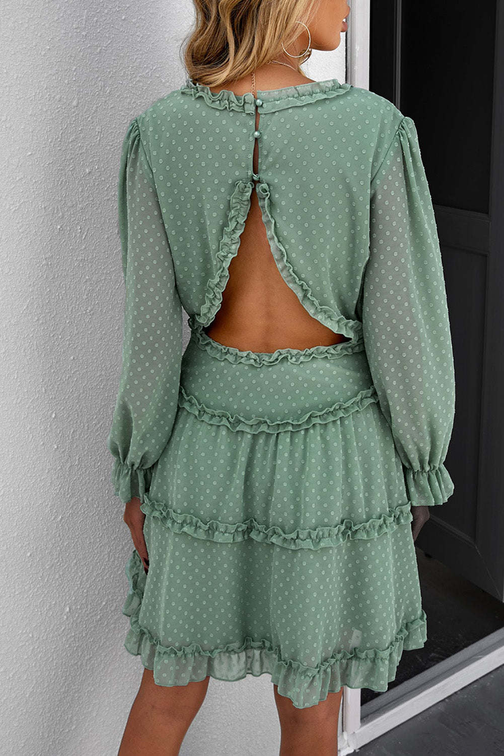 Ruffled Open Back Puff Sleeve Dress