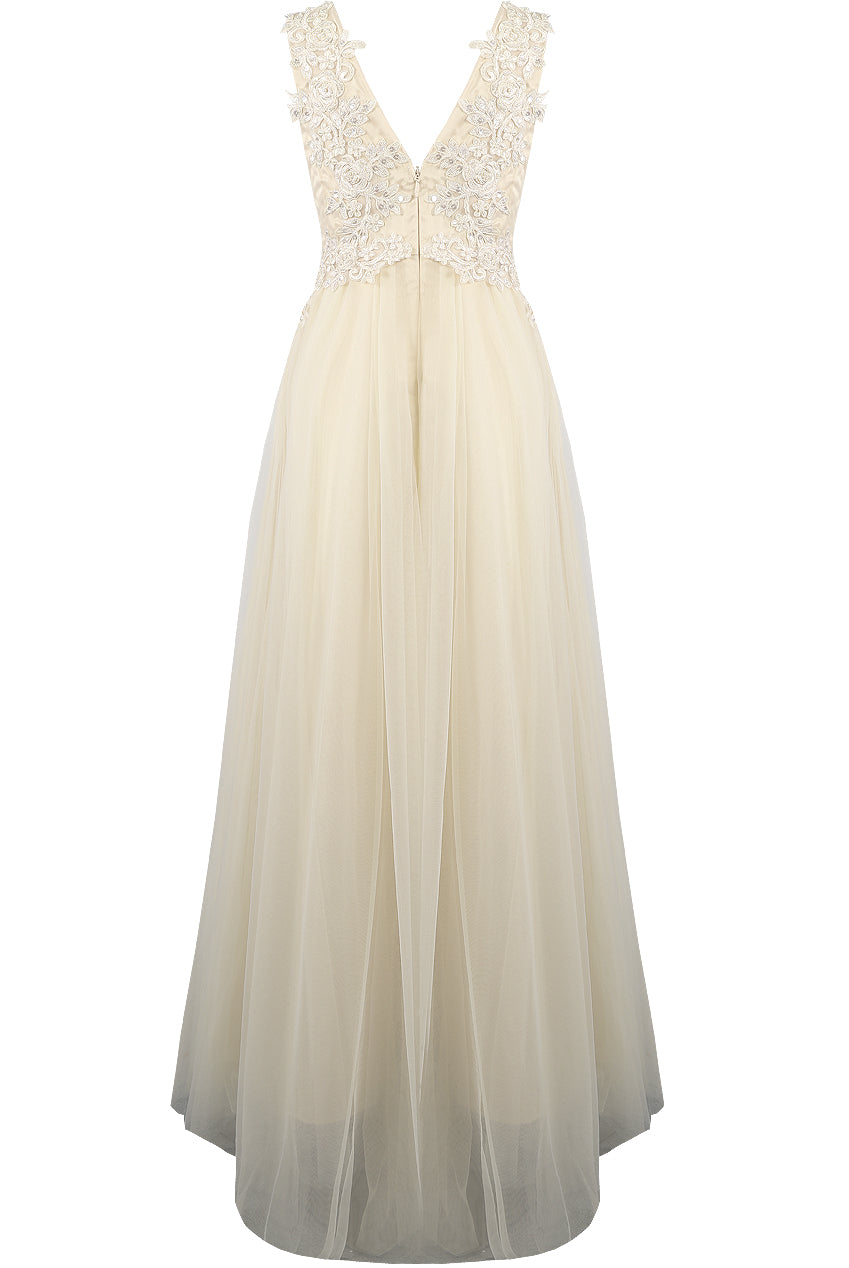 Crochet Plunge Bodice Tulle Maxi White
