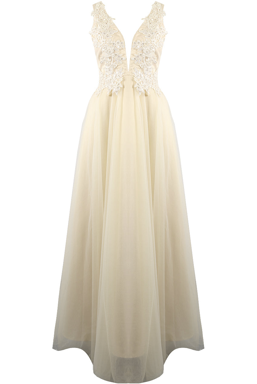 Crochet Plunge Bodice Tulle Maxi White