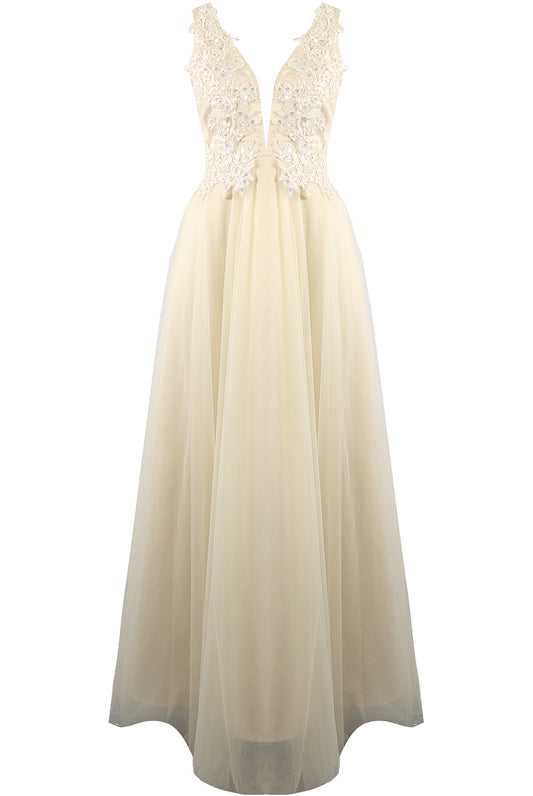 Crochet Plunge Bodice Tulle Maxi White