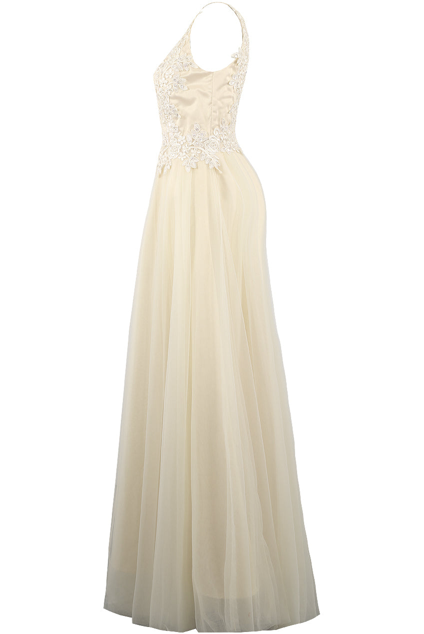 Crochet Plunge Bodice Tulle Maxi White
