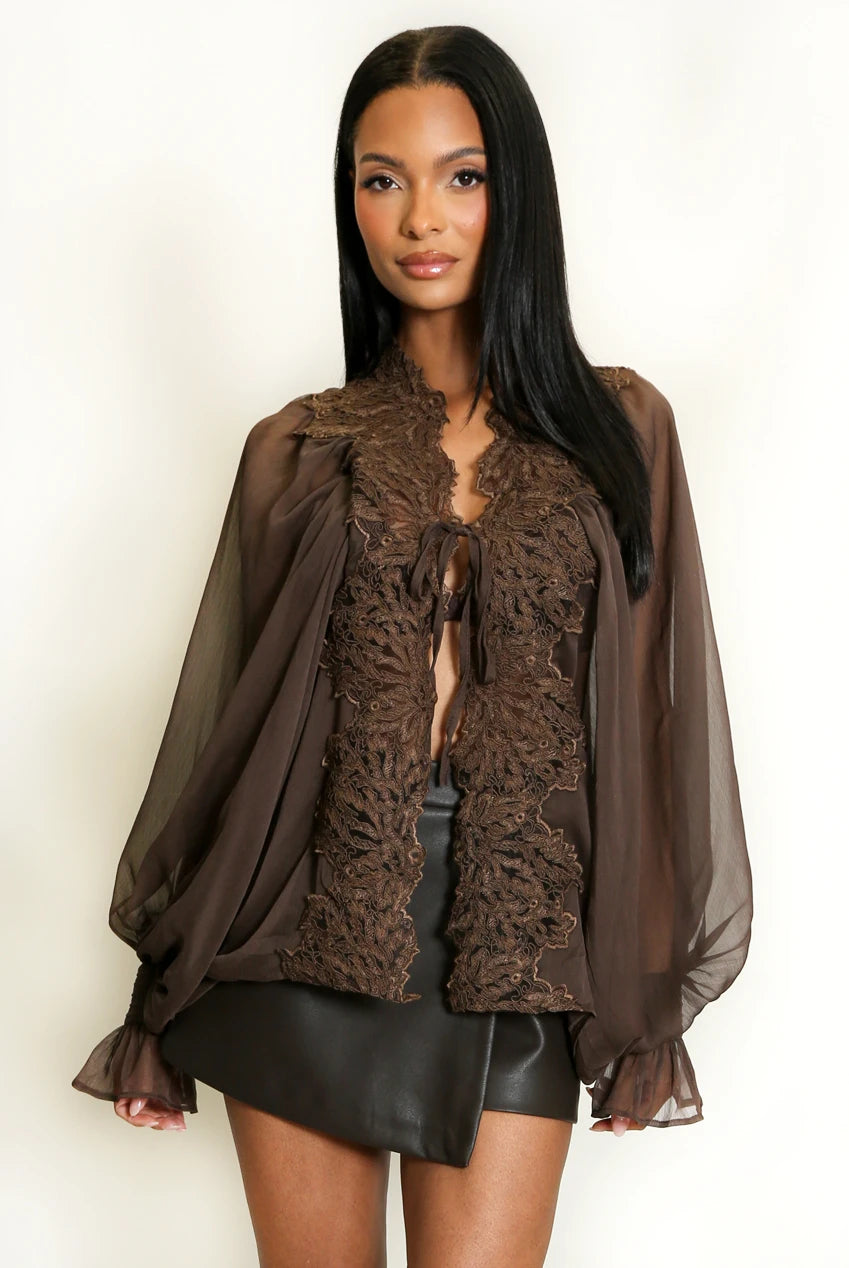 Lace Trim Sheer Tie Front Blouse