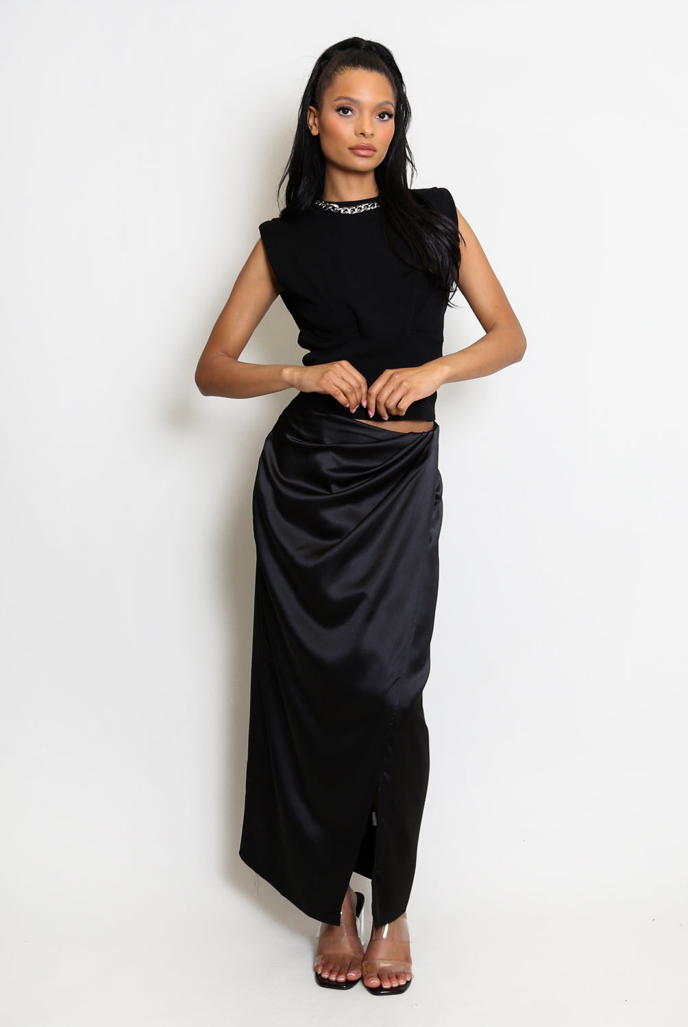 Pleated Satin Wrap Up Midi Skirt