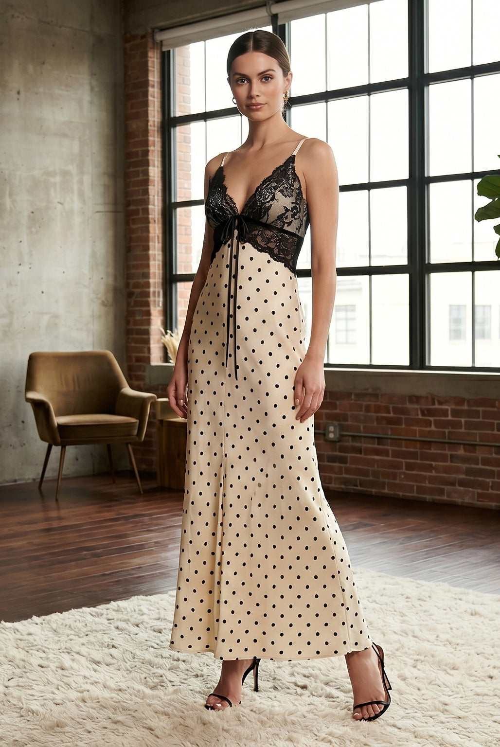 Lace Detail Polka Dot Maxi Dress