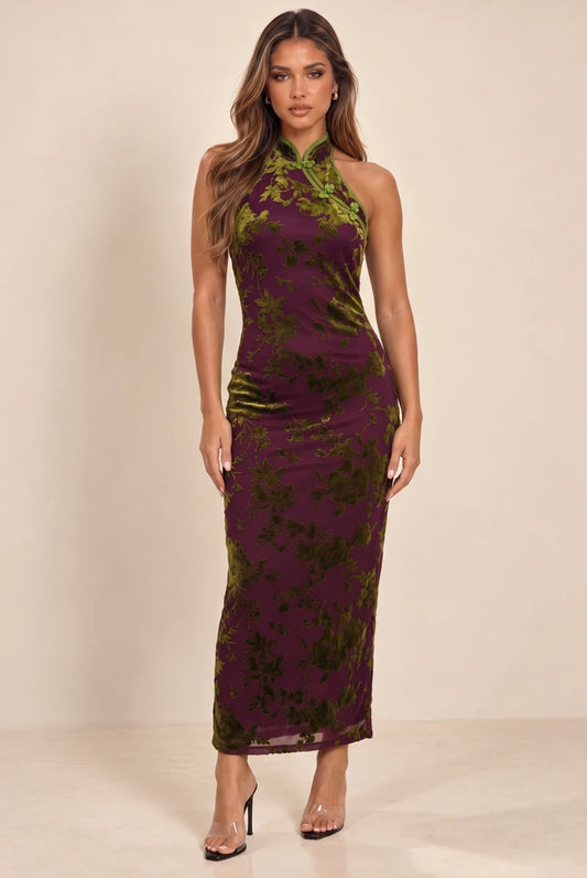Halterneck Qipao Dress In Velvet Jacquard