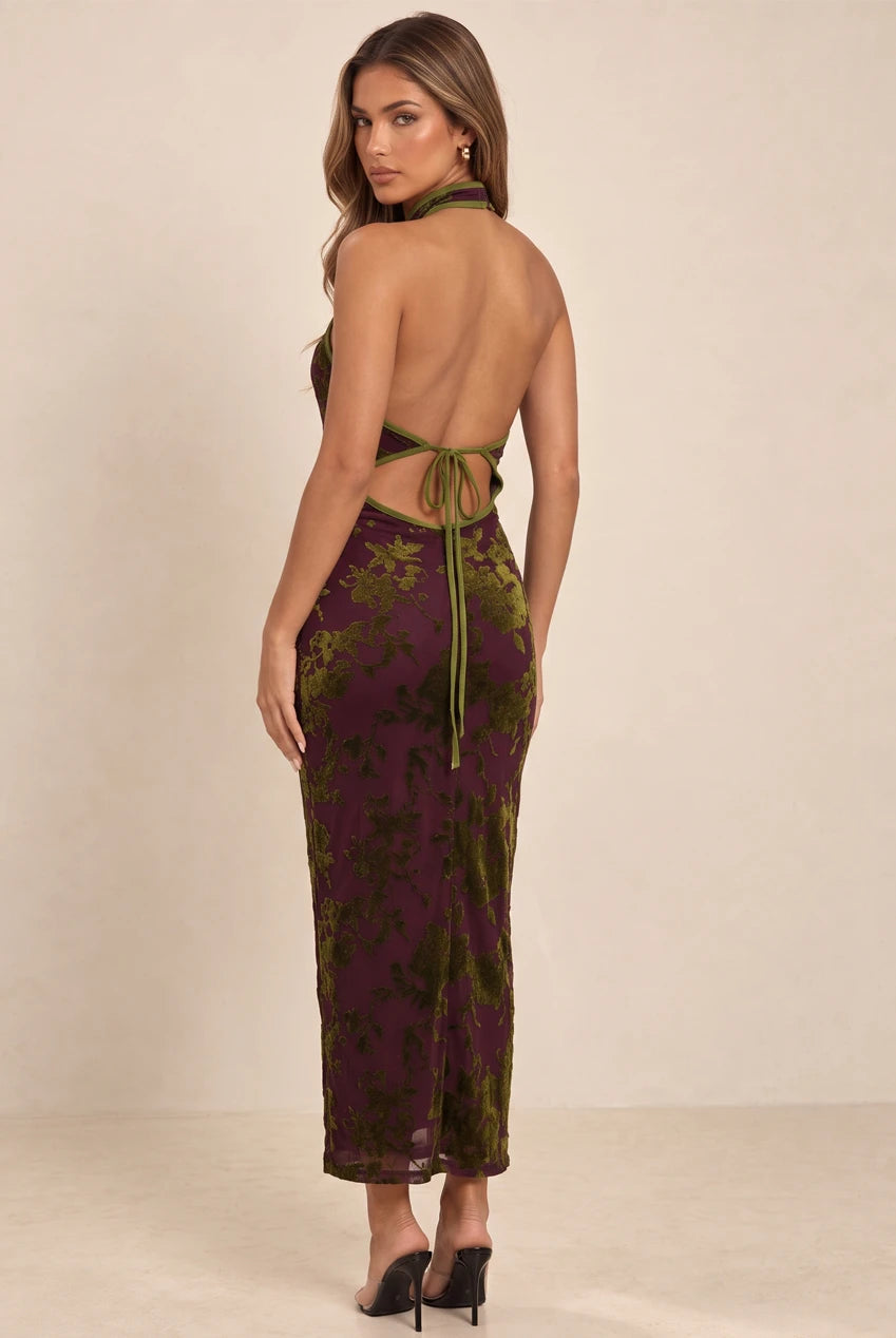 Halterneck Qipao Dress In Velvet Jacquard