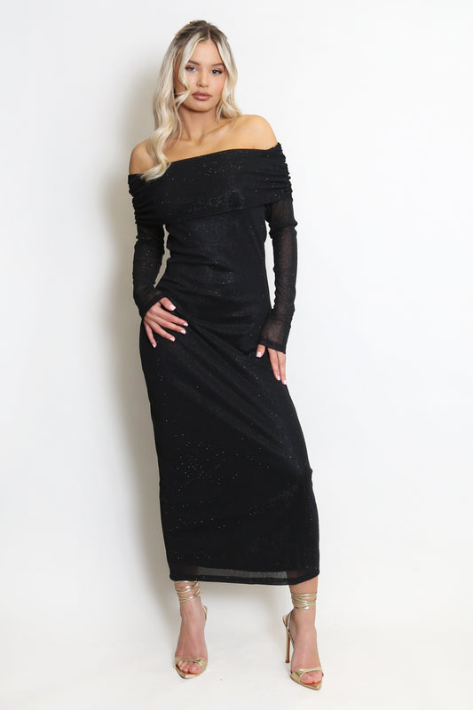 Embellished Mesh Bardot Midi Dress