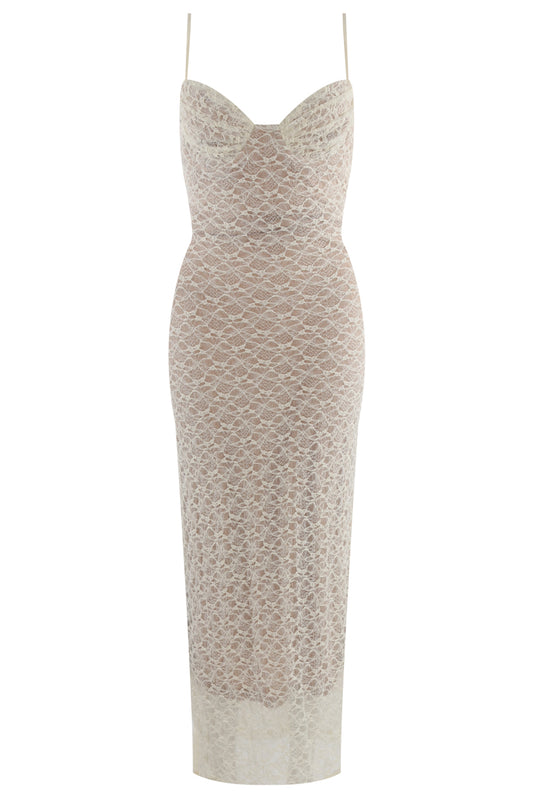 Lace Maxi Dress With Nude Lining Yellow
