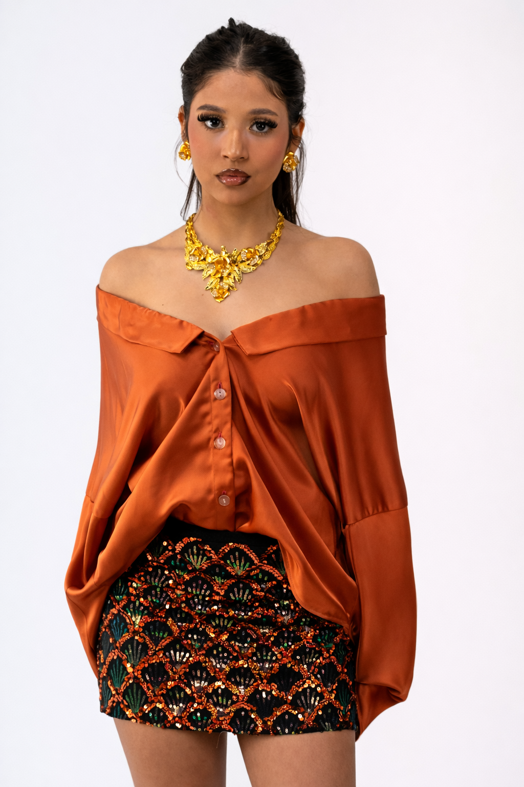 Embellished Sequin Mini Skirt – Black & Copper