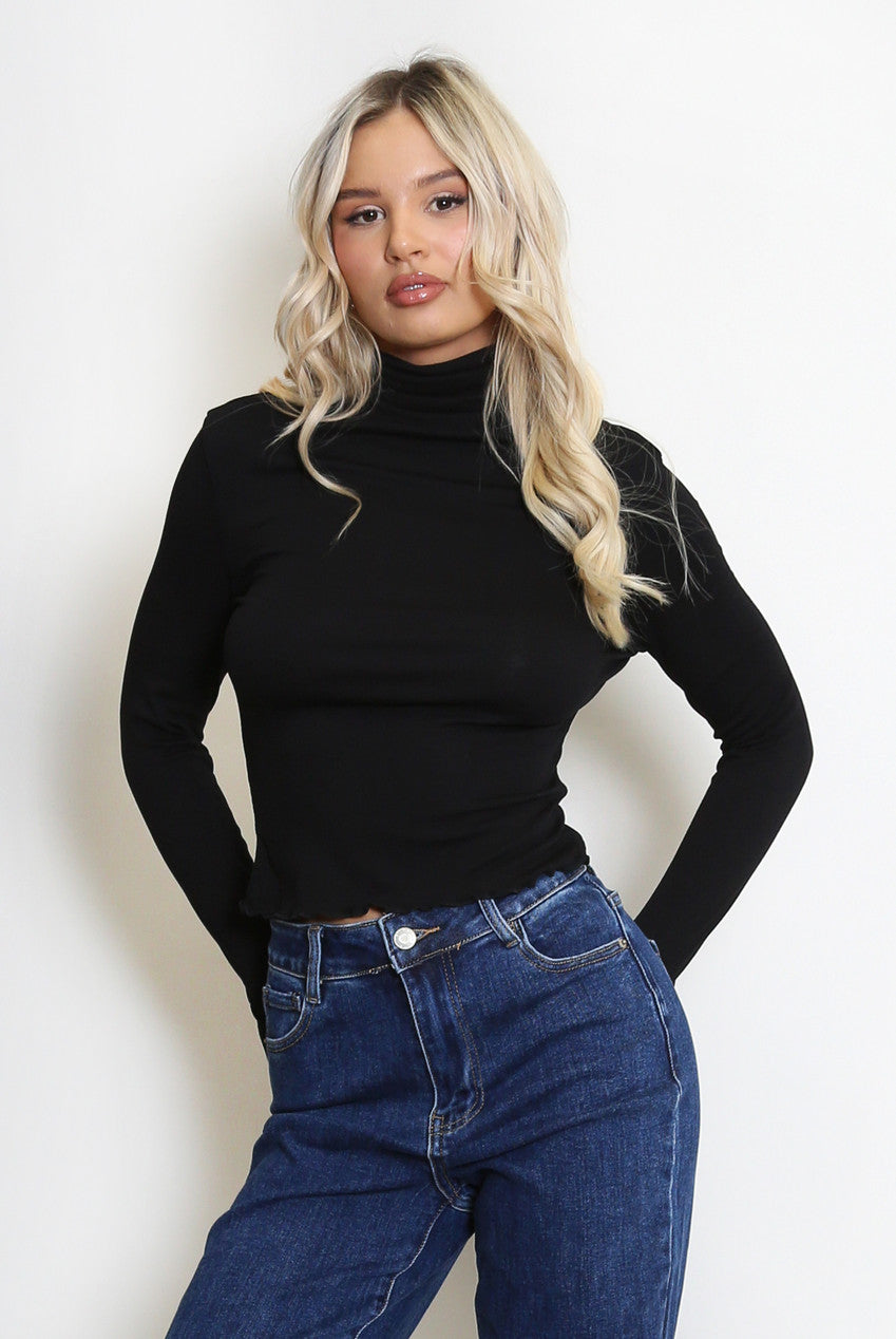 Ruched Roll Neck Long Sleeve Tops