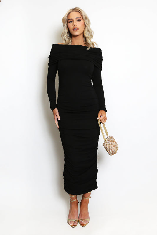 Bardot Side Ruched Midi Dress