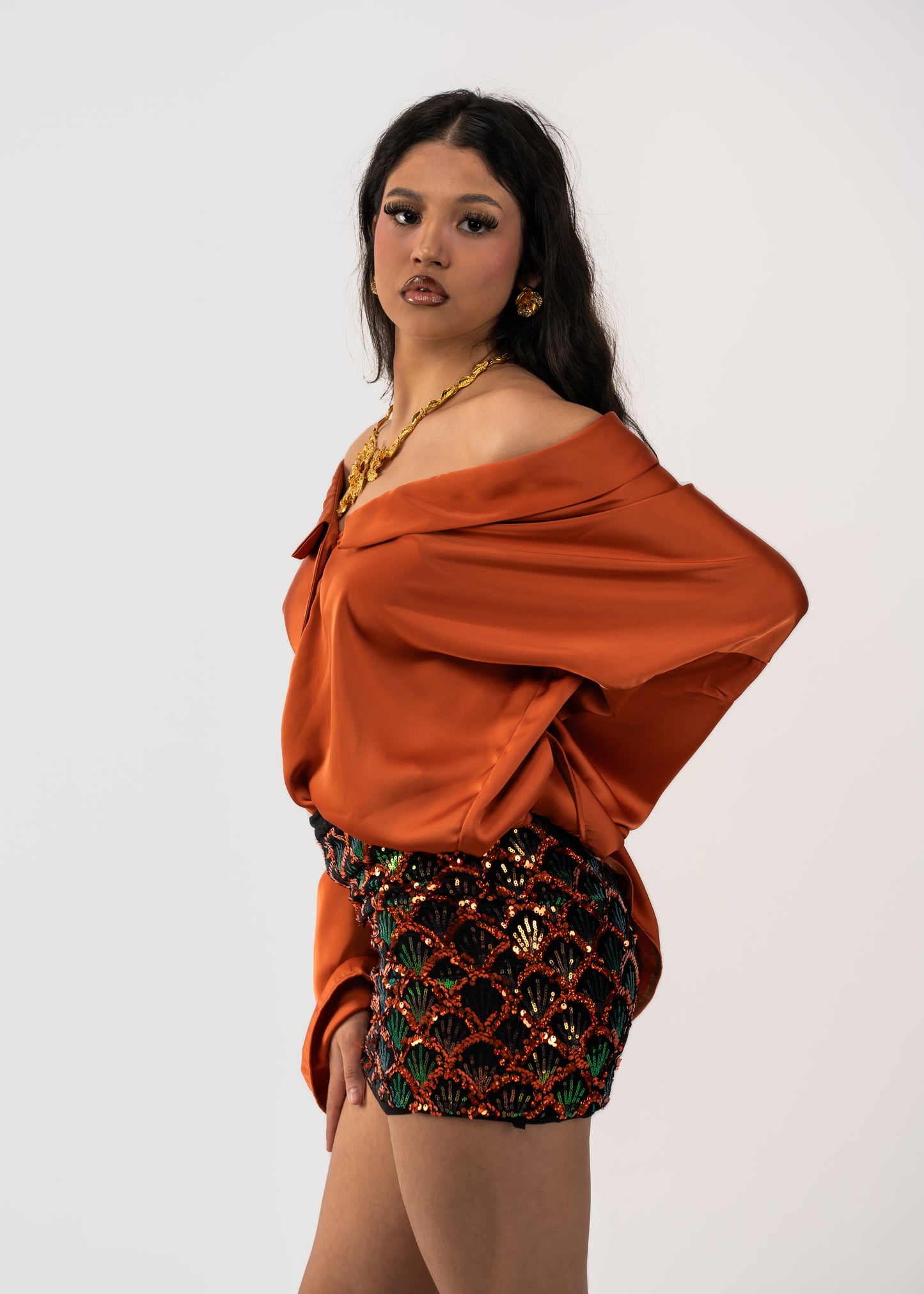 Embellished Sequin Mini Skirt – Black & Copper