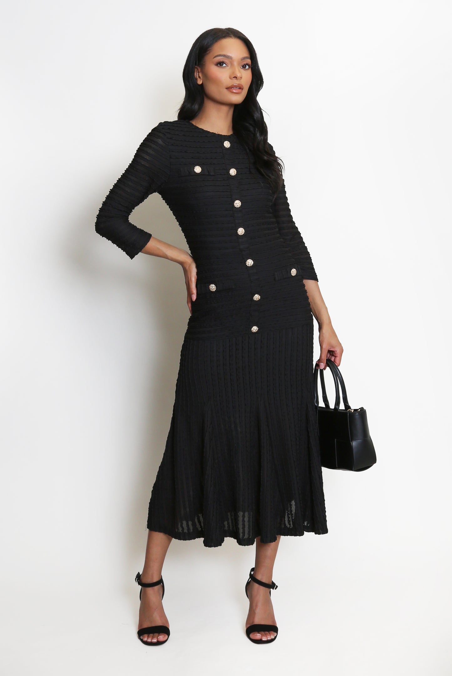 Long Sleeve Button Front Fit And Flare Maxi Dress