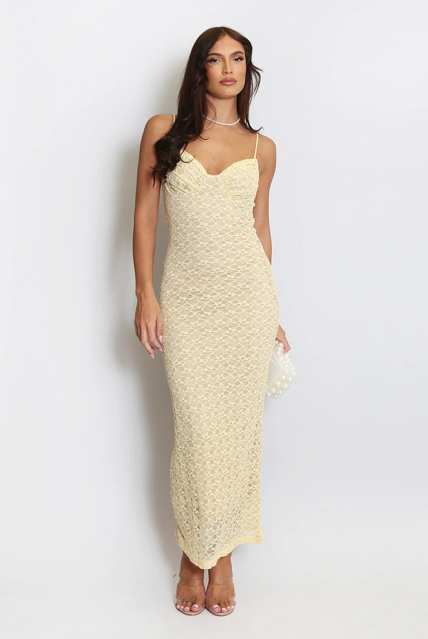 Lace Maxi Dress With Nude Lining Yellow