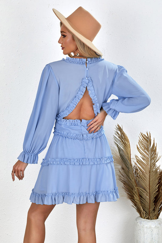 Sky Blue V Neck Ruffle Detailing Open Back Dress