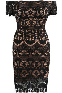 Black Bardot Contrast Crochet Mini Dress