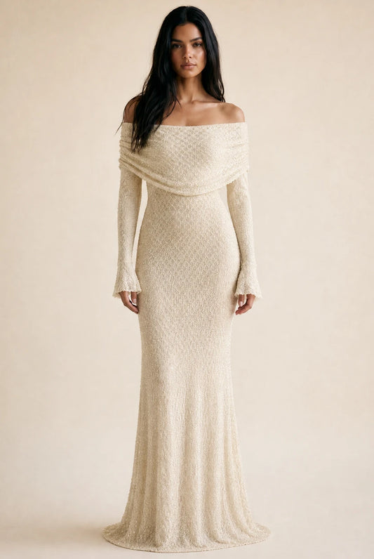 Lace Embellished Bardot Maxi Dress