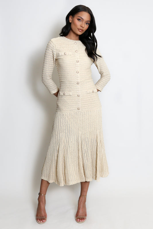 Long Sleeve Button Front Fit And Flare Maxi Dress