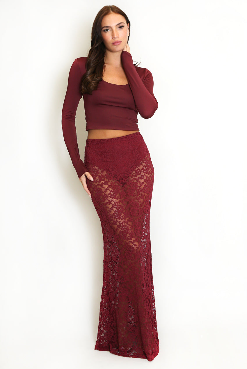 Sheer Floral Lace Maxi Skirt Burgundy