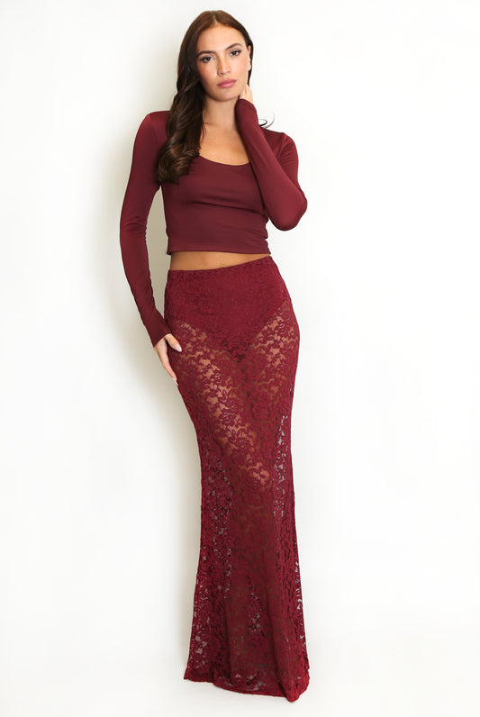 Sheer Floral Lace Maxi Skirt Burgundy