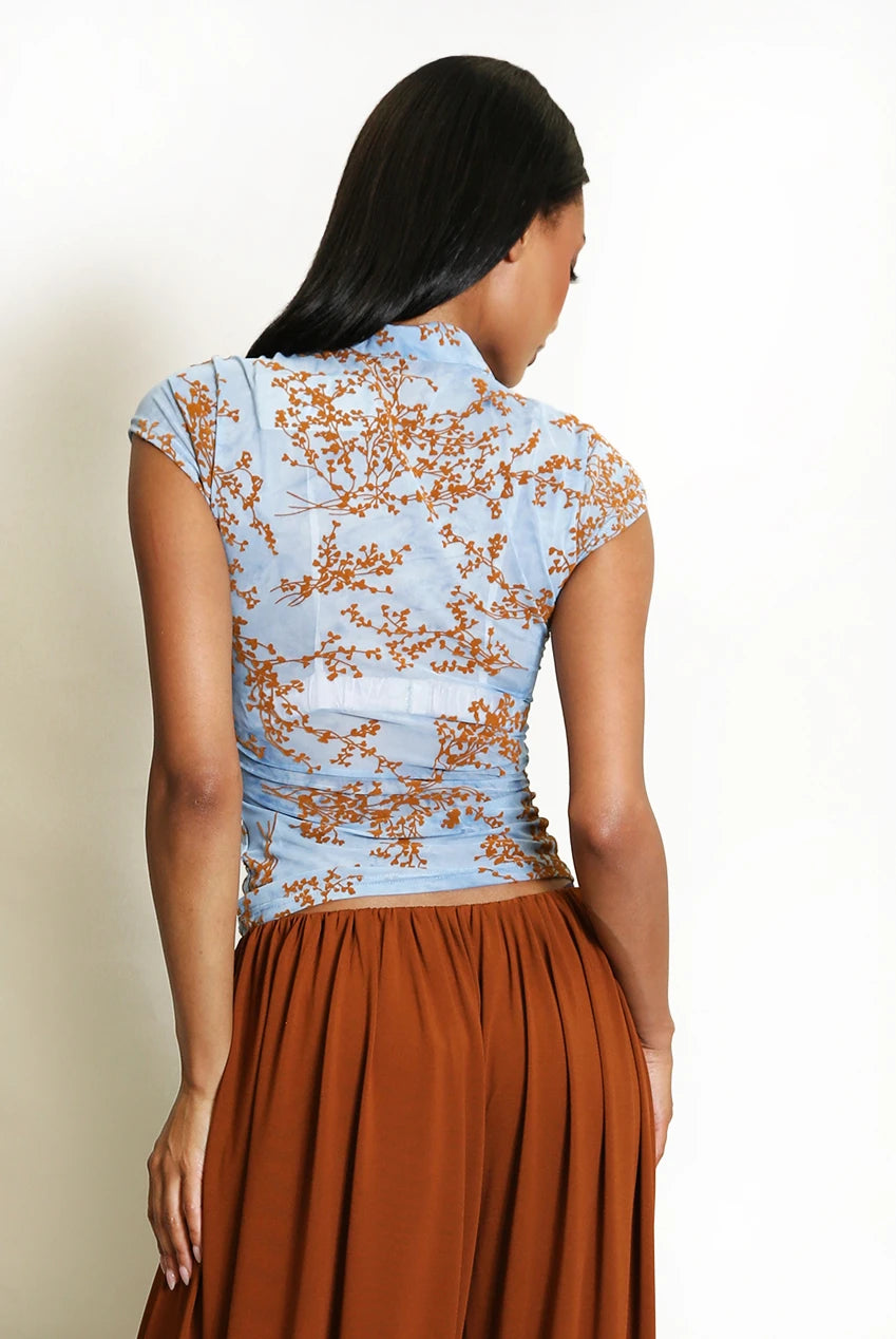 Sheer Flocking Mandarin Top