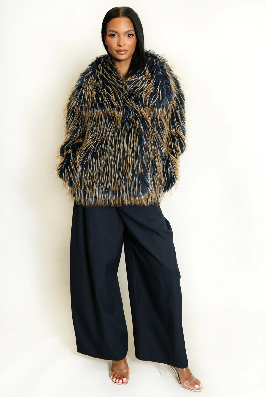 Faux Fur Shaggy Luxe Coat Navy