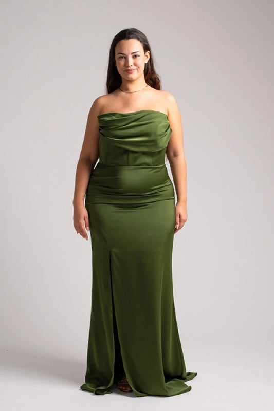 Curvy Satin Corset Draped Maxi Dress