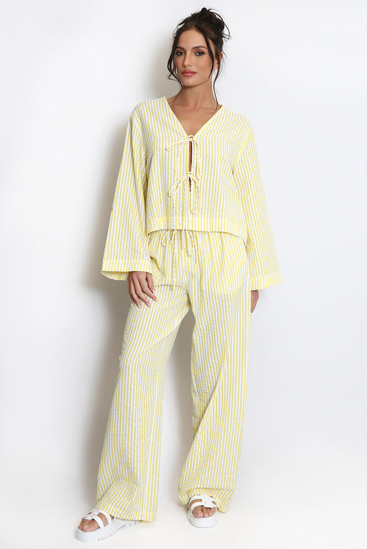 Tie Front Cheesecloth Striped Top And Trouser Set
